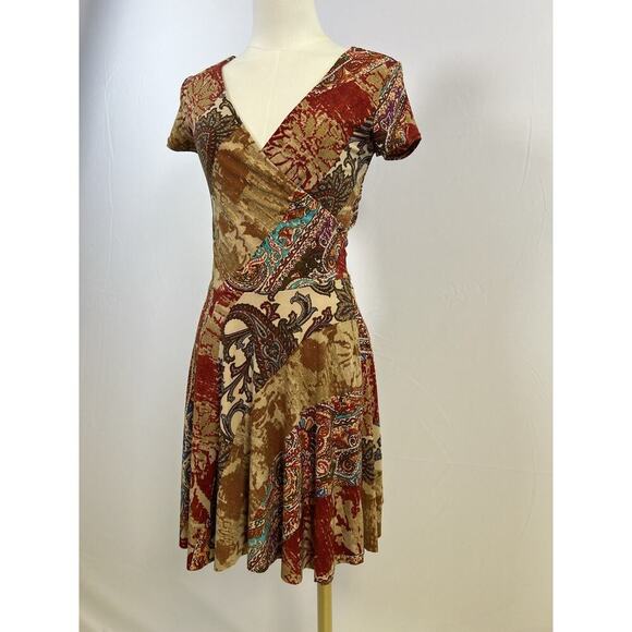 Ralph Lauren Petite Short Sleeve V Neck Dress Brown Red Print Classic Size PXS - Picture 3 of 7